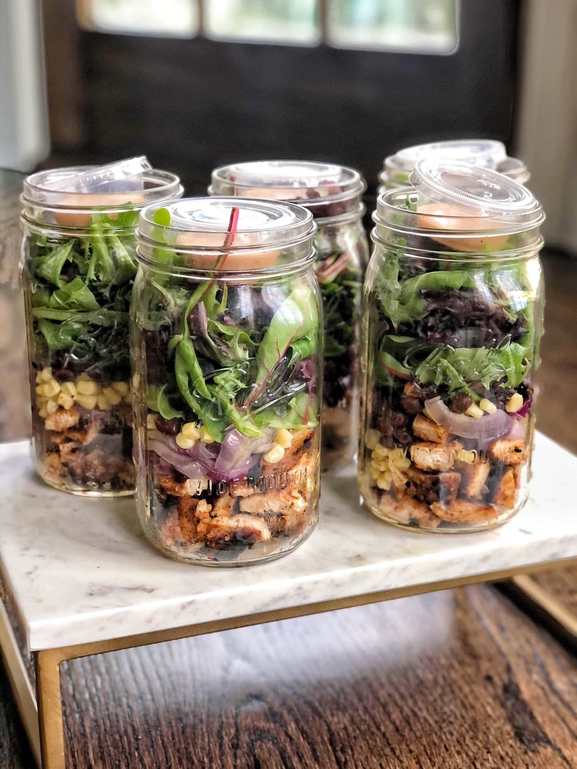 Roasted Vegetable and Chicken Mason Jar Salads - Sweet Savory and Steph