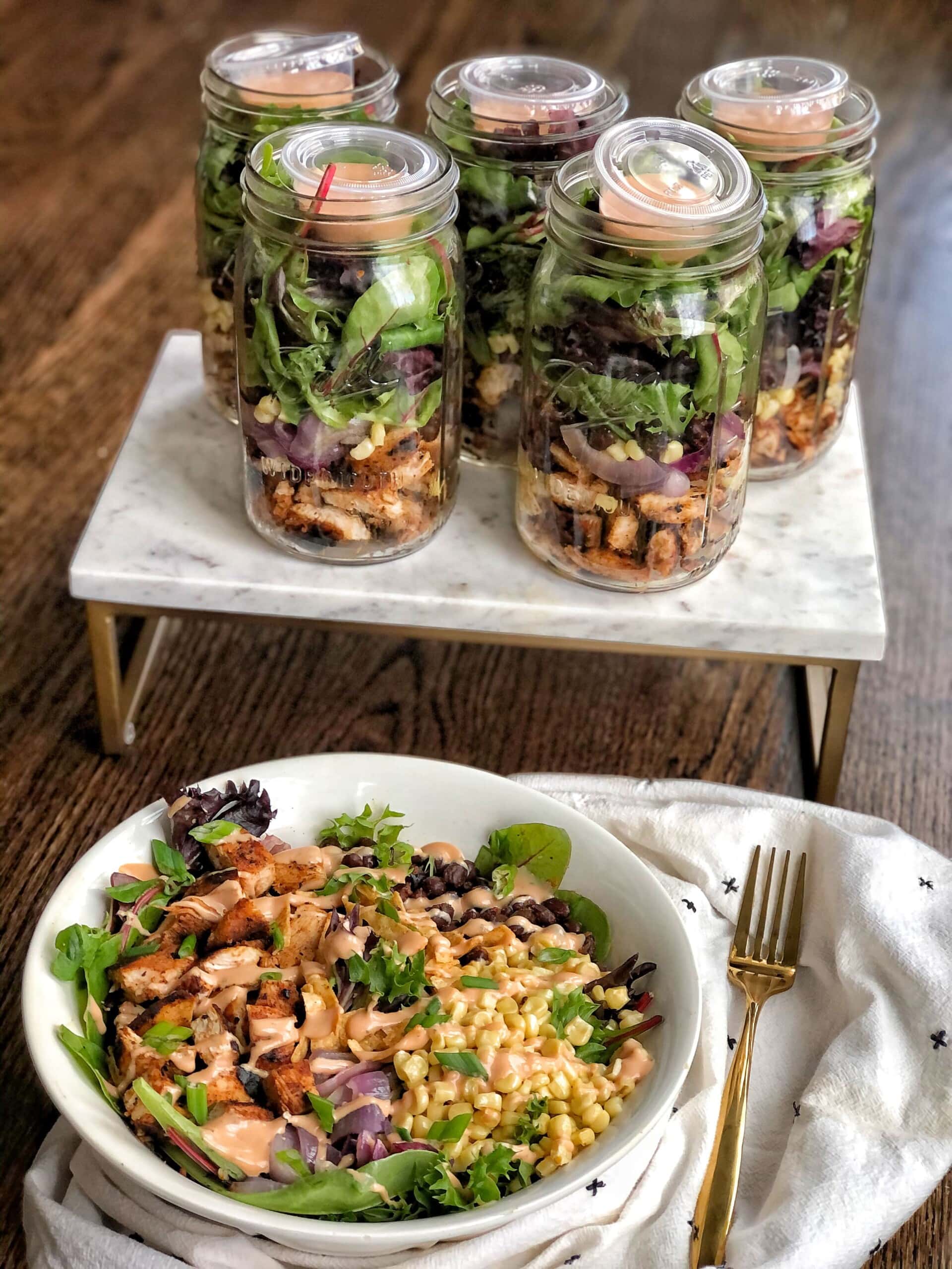 Roasted Vegetable and Chicken Mason Jar Salads - Sweet Savory and Steph