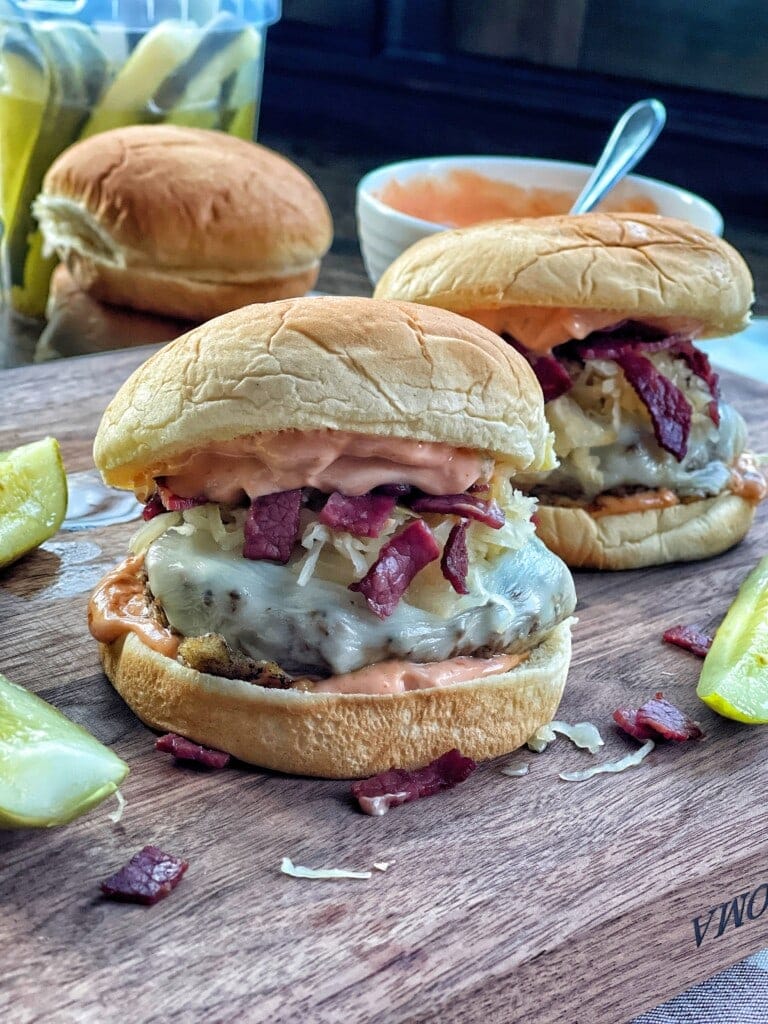 lighter reuben style cheeseburgers
