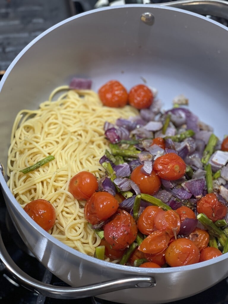 creamy spaghetti with roasted spring vegetables