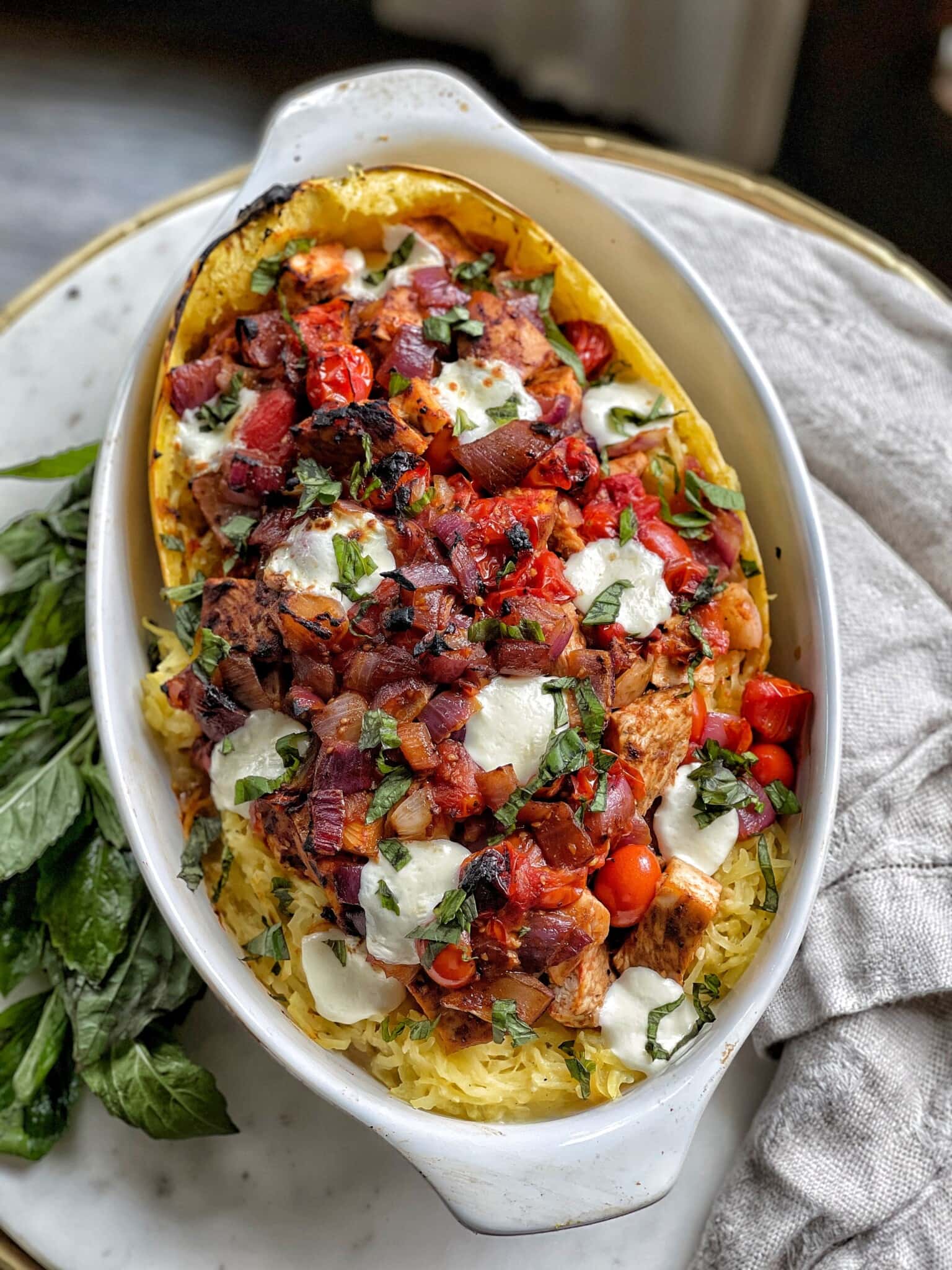 Creamy Spaghetti Squash with Roasted Chicken and Tomatoes Sweet