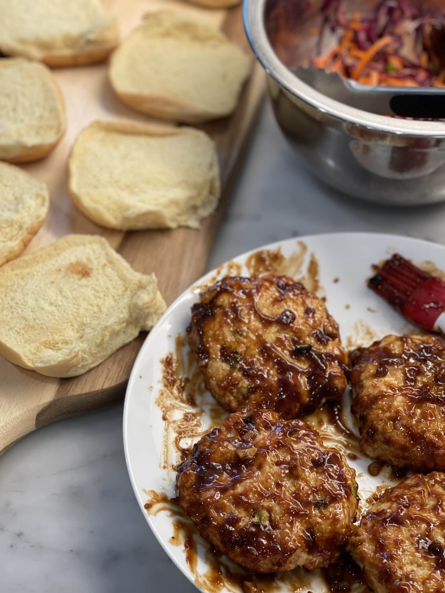 Healthy Air Fried Asian Glazed Chicken Burgers with Slaw Sweet Savory