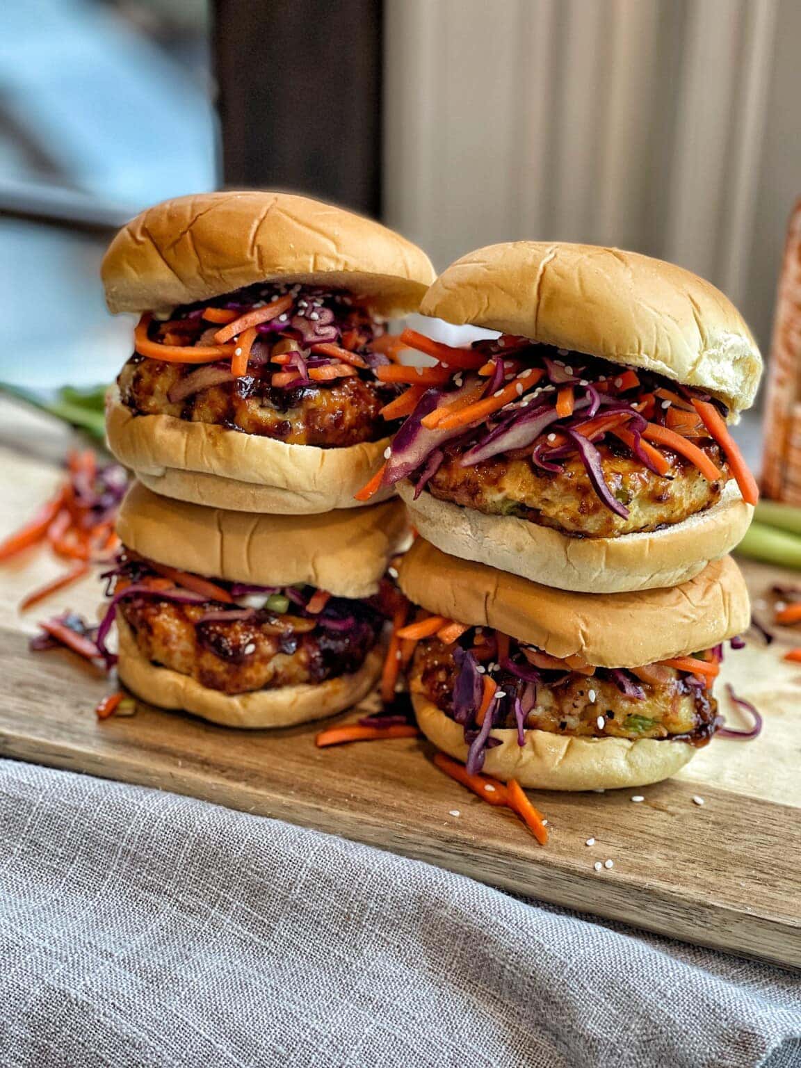 Healthy Air Fried Asian Glazed Chicken Burgers with Slaw Sweet Savory