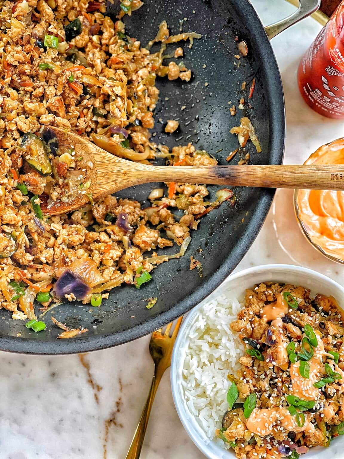 Teriyaki Ground Chicken Skillet with Spicy Mayo Sweet Savory and Steph