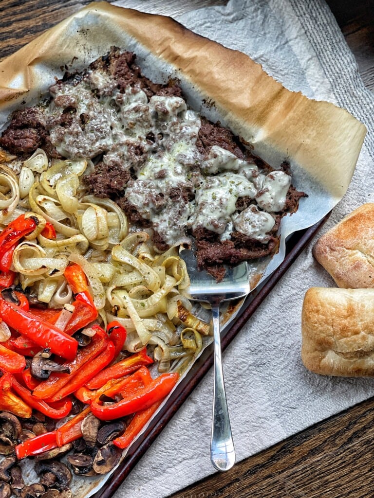sheet pan philly cheesesteak