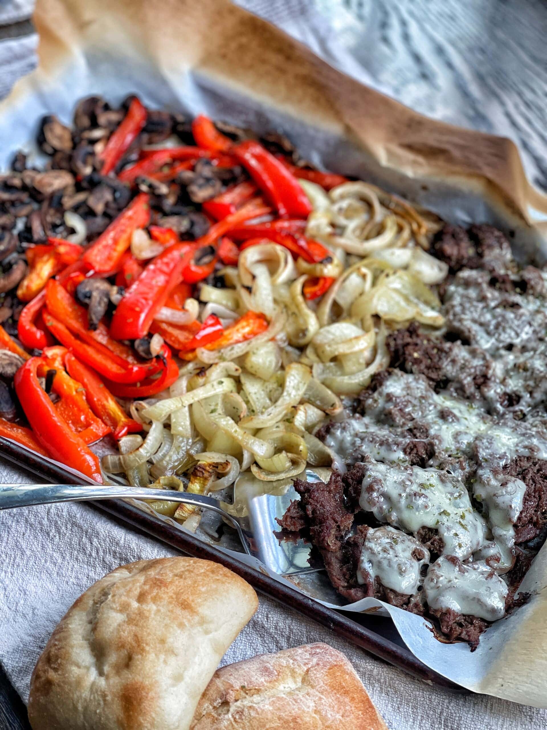 sheet pan philly cheesesteaks